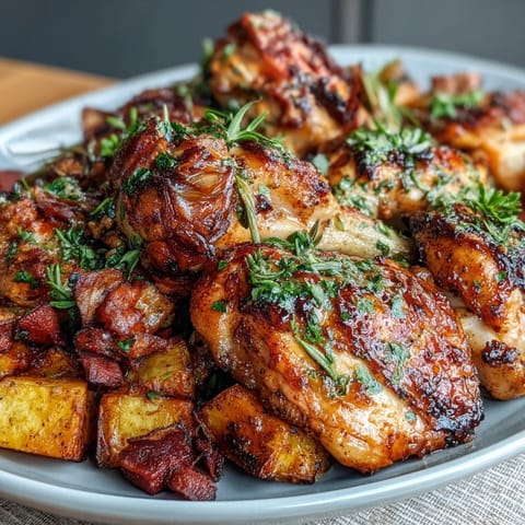 Sheet Pan Herb Chicken with Root Veggies roasted to golden perfection, showcasing juicy chicken thighs nestled among colorful carrots, parsnips, and sweet potatoes.