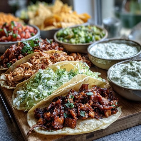 Festive Cinco de Mayo taco bar spread with sizzling chicken, seasoned beef, and vibrant toppings ready for guests to assemble.
