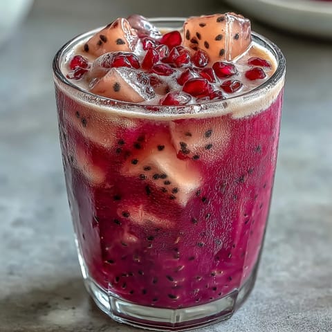 Vibrant mango dragonfruit refresher with tropical fruit cubes and a citrus twist, served over ice in a tall glass.