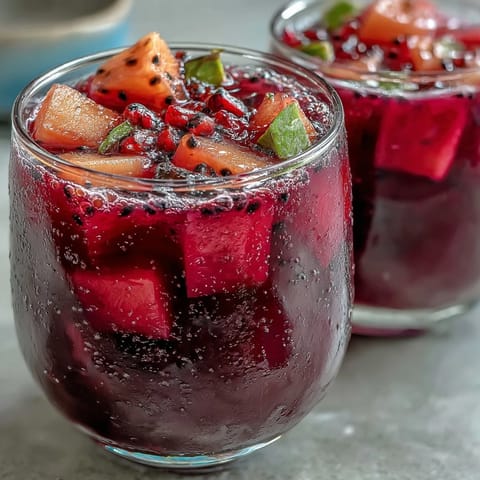 Refreshing homemade mango dragonfruit refresher, featuring bright pink dragonfruit and sweet mango blended with white grape juice.