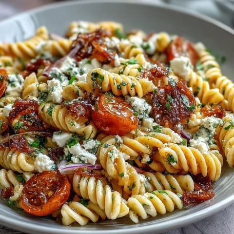 Vibrant Greek pasta salad with feta, olives, and fresh vegetables in a tangy herb dressing.
