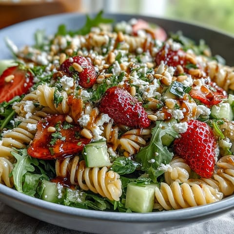 Light and refreshing spring pasta salad featuring sweet strawberries, tangy feta, and peppery arugula.  