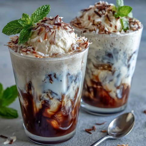 Creamy coconut cold brew float with melting vanilla bean ice cream.