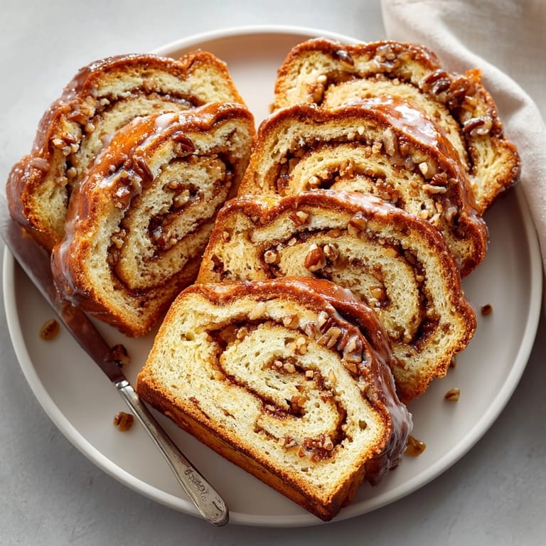 A warm slice reveals the swirled filling of this decadent Maple Pecan Babka bread.