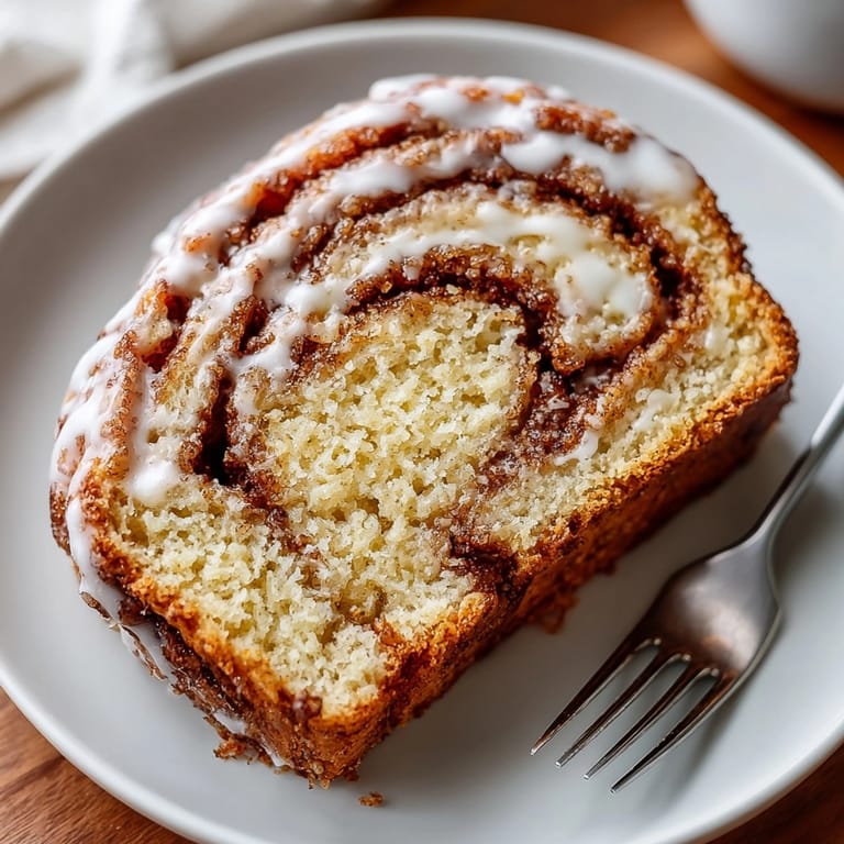 Warm, inviting photo of freshly baked Brown Butter Cinnamon Roll Bread, with swirls of cinnamon sugar inside.
