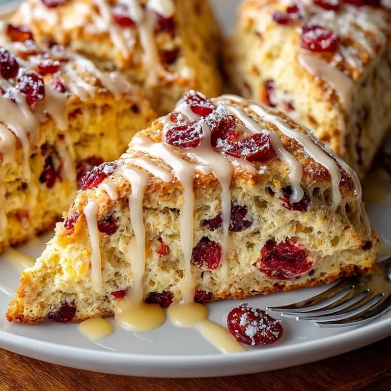 A close-up shows the texture of fluffy Cranberry Orange Scones, drizzled with sweet orange glaze, ready to eat.