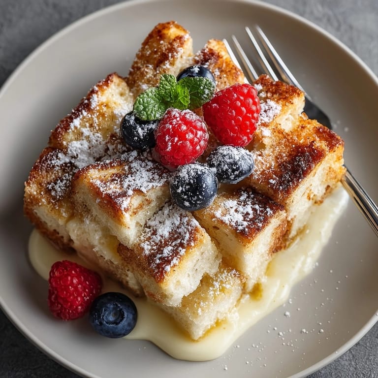 A warm and comforting close-up of the fluffy, golden-topped Overnight French Toast Casserole, ready to serve.