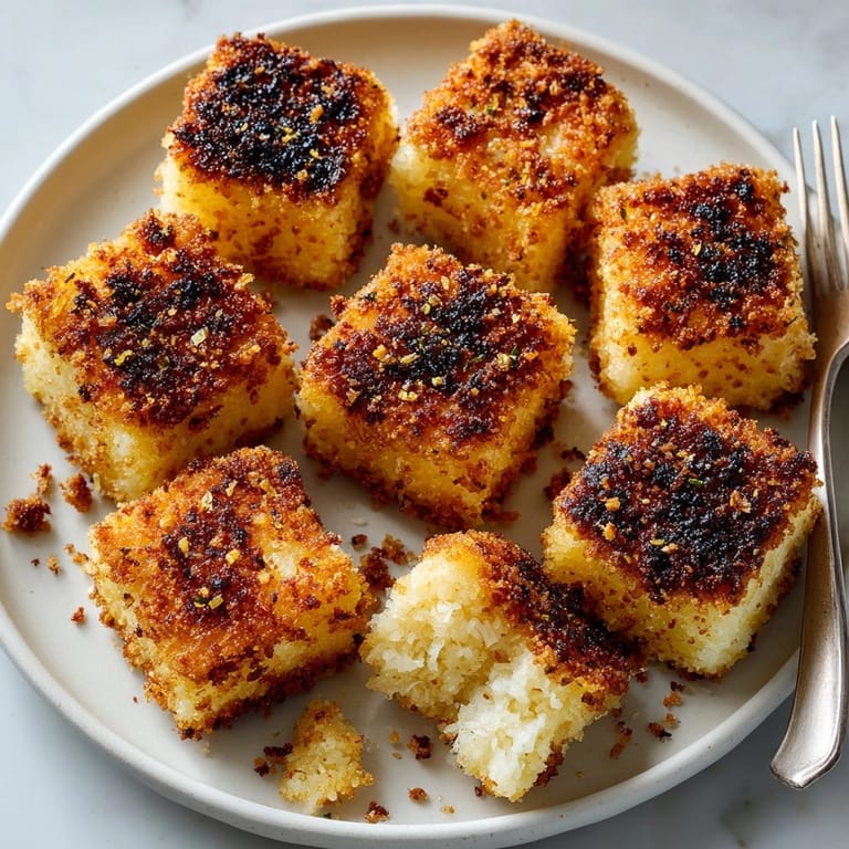Close-up view of freshly fried, flavorful Fried Parmesan Polenta Cubes, ready to eat.