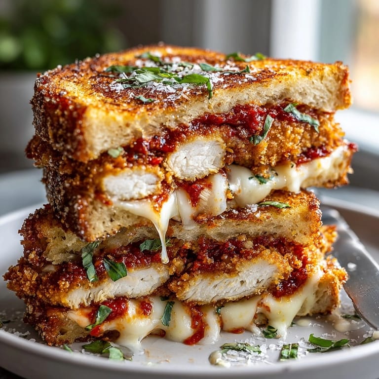Perfectly grilled Chicken Parmesan Grilled Cheese with crispy chicken, offering cheese pull appeal and taste.
