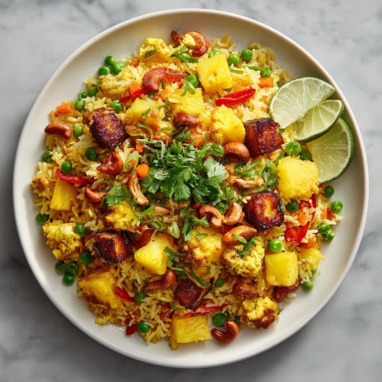 Close-up image of delicious, colorful Pineapple Fried Rice, a perfect vegetarian meal option.
