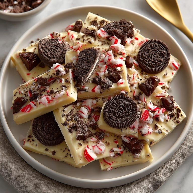Crushed candy canes top delicious Candy Cane Bark with Oreos, a festive, no-bake chocolate dessert.