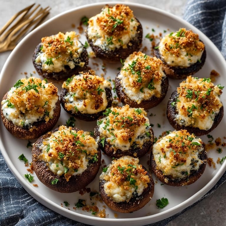 Warm stuffed cheese mushroom caps on a baking sheet, cheese filling bubbling and herbs visible.