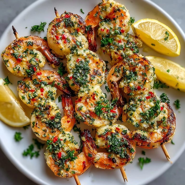 Grilled garlic butter shrimp skewers arranged on a platter, perfect for a quick American main dish.