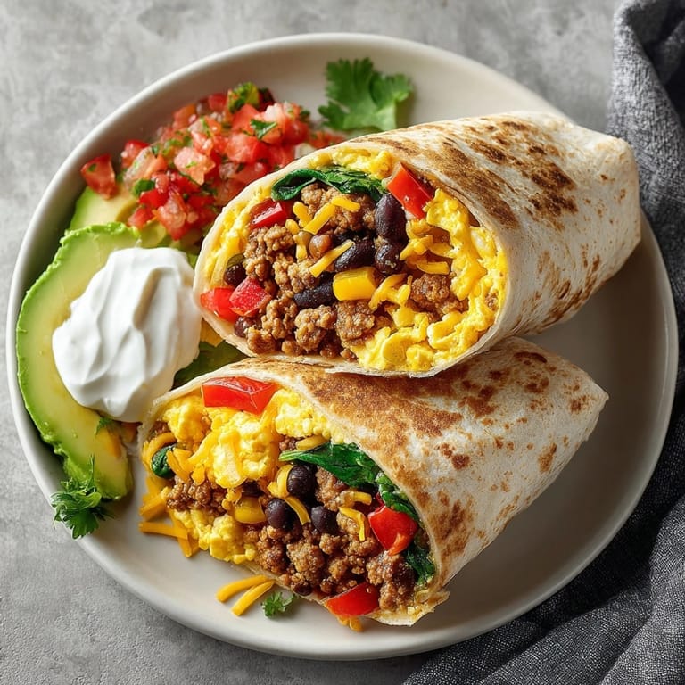 Hearty protein-packed breakfast burrito served with sliced avocado and salsa for a nutritious morning meal
