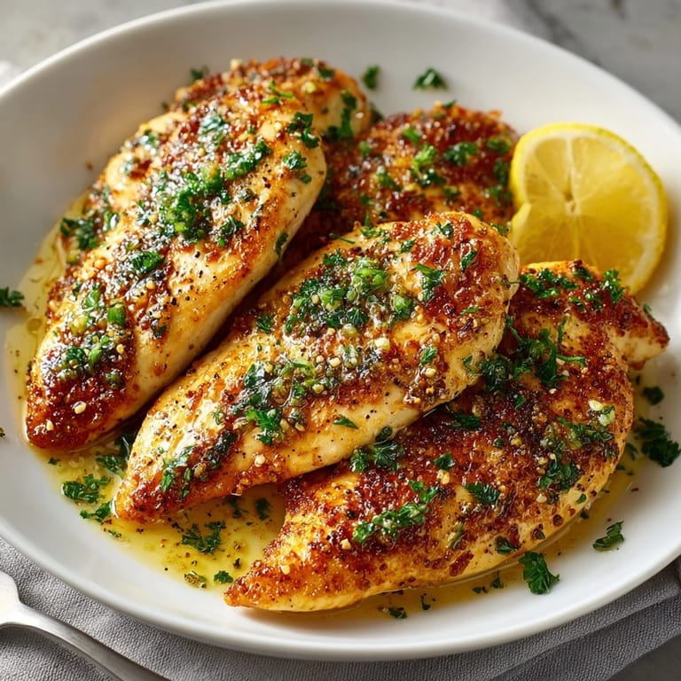 Family-style platter of garlic herb butter chicken with lemon wedges and fresh herbs on top.