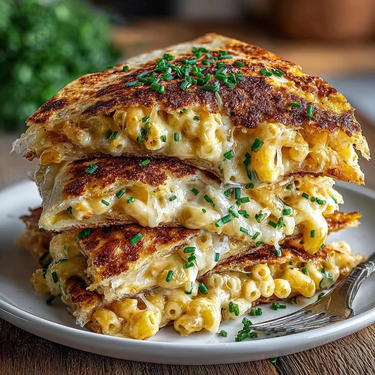 Freshly cooked mac and cheese quesadillas served hot, garnished with chives and a side of salsa.