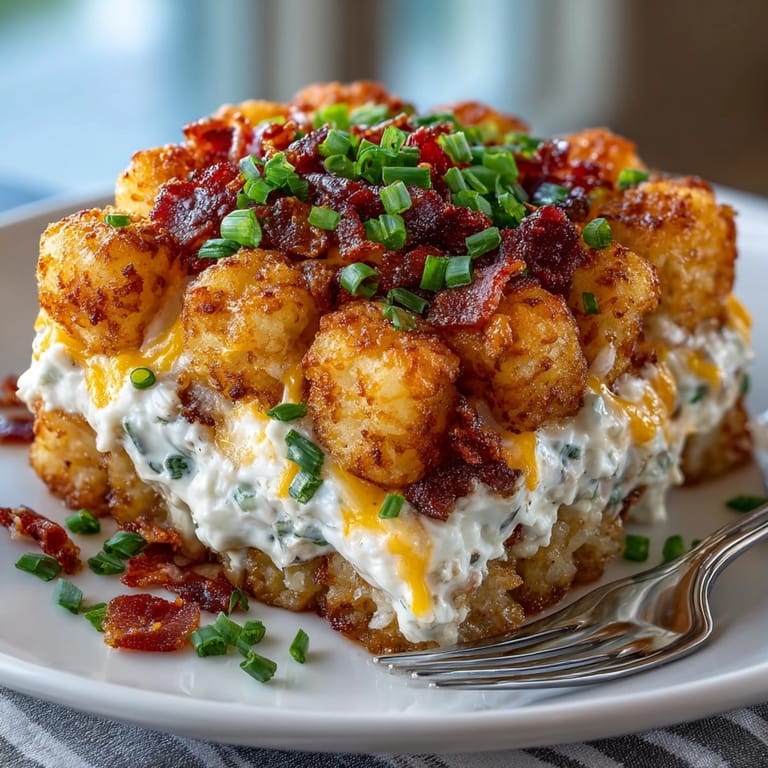 Hearty Chicken Bacon Ranch Tater Tot Casserole served in a skillet with creamy cheese layers