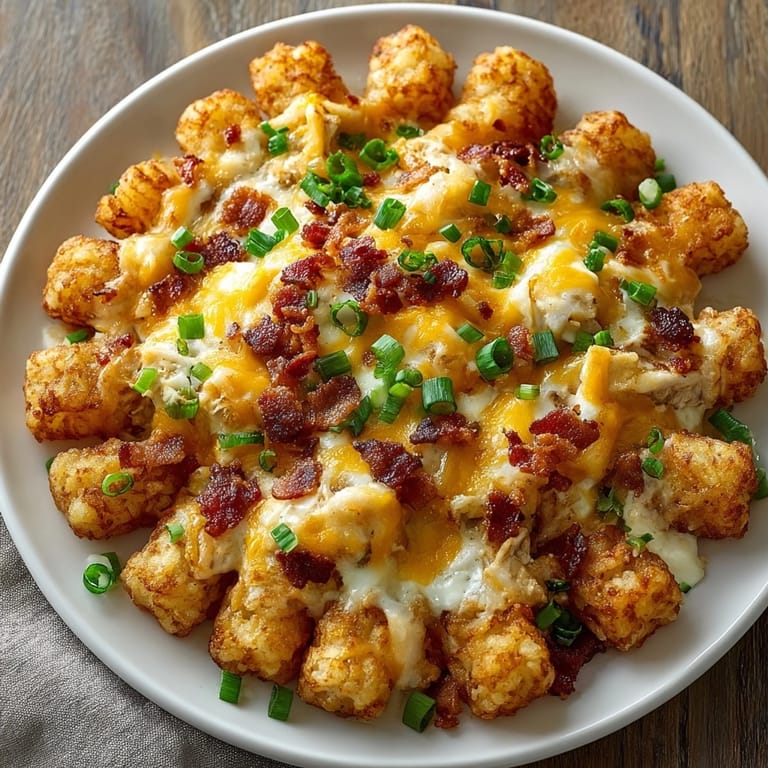 Close-up of Chicken Bacon Ranch Tater Tot Casserole topped with melted cheese and fresh chives