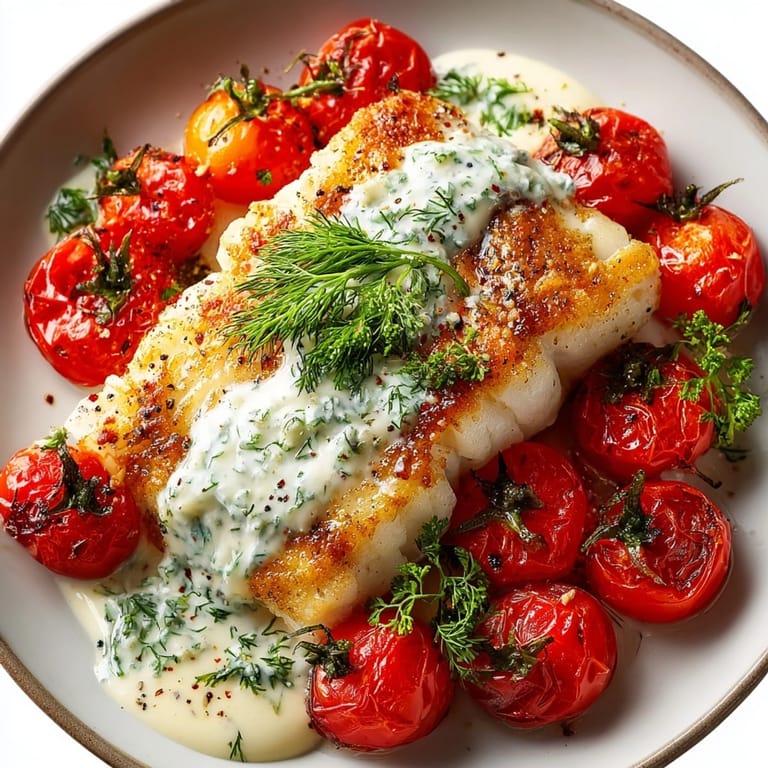 Juicy roasted tomatoes and tender grilled cod topped with creamy dill sauce, ready to serve.