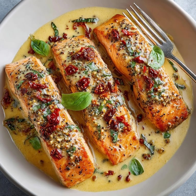 Plated Marry Me Salmon served hot with velvety sauce and a sprinkle of chili flakes and herbs.