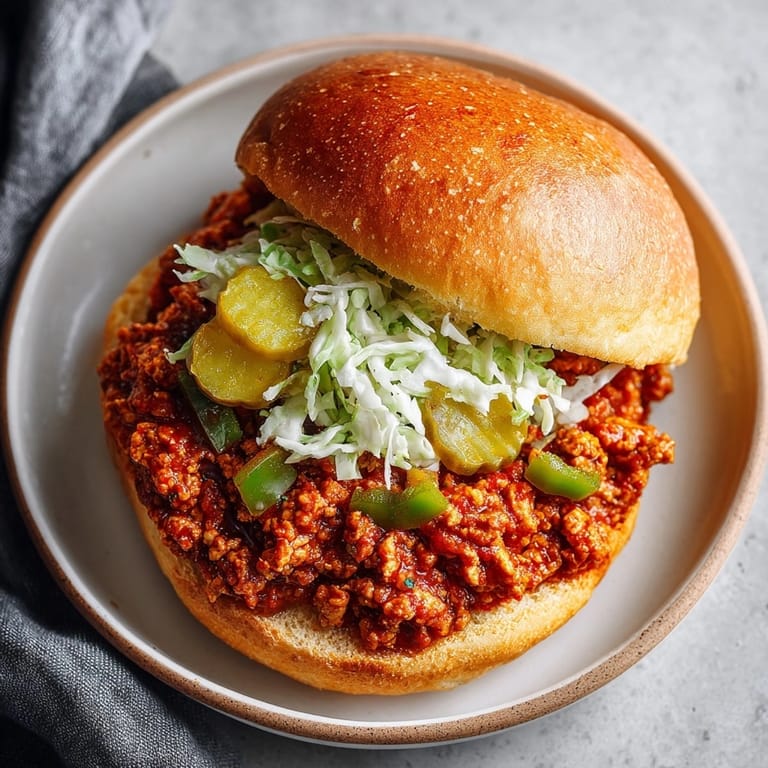 Juicy Cajun Chicken Sloppy Joes served fresh, garnished with crisp lettuce and tangy pickles.