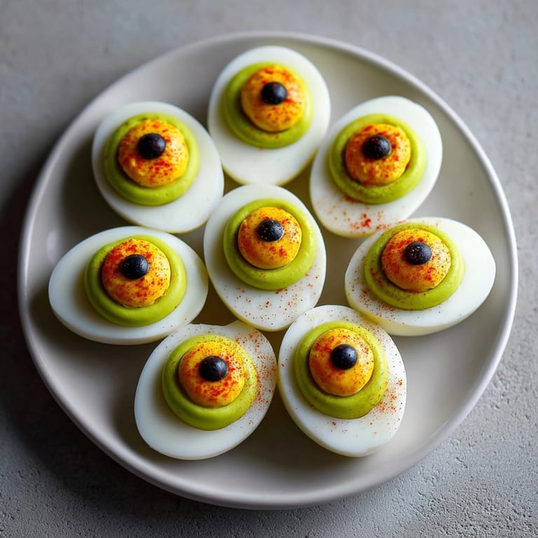 Make easy and creepy appetizers: savory Monster Deviled Egg Eyeballs dusted with paprika