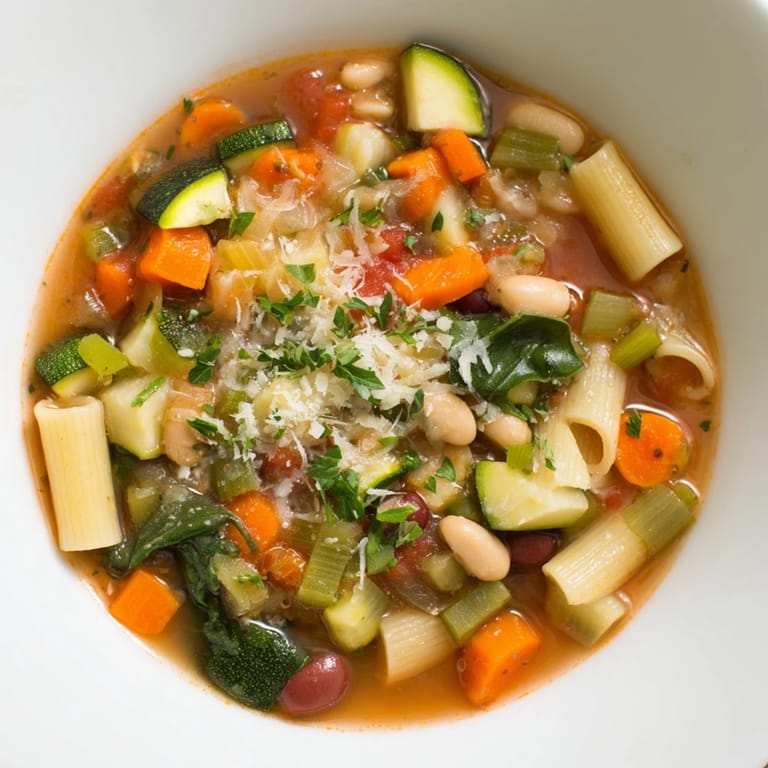 Comforting Minestrone Soup recipe with cannellini beans, topped with fresh parsley and grated parmesan.