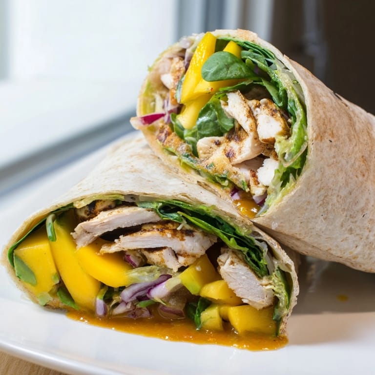 Sliced Mango Avocado Chicken Wraps showing off vibrant colors and textures; ready for a quick, healthy lunch.