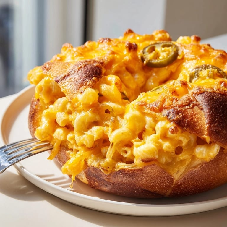 Homemade Mac and Cheese Cheddar Jalape&#241;o Bagels, perfect for brunch; cheesy, comforting, and spicy.