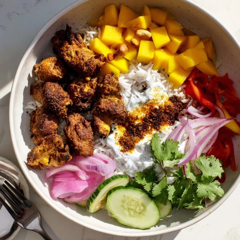 A close-up shows sweet, savory Mango Masala Chicken Tidy Bowls, a quick and tasty recipe.