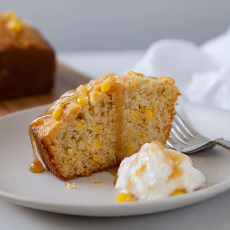 Golden Maple Bourbon Sweet Corn Pancake Loaf slices, perfect for dessert or breakfast.