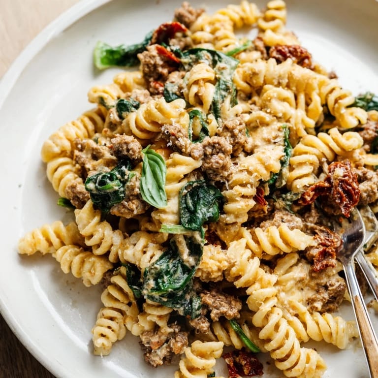 Sundried tomato beef creamy pasta served with spinach, offering a delightful flavor explosion.