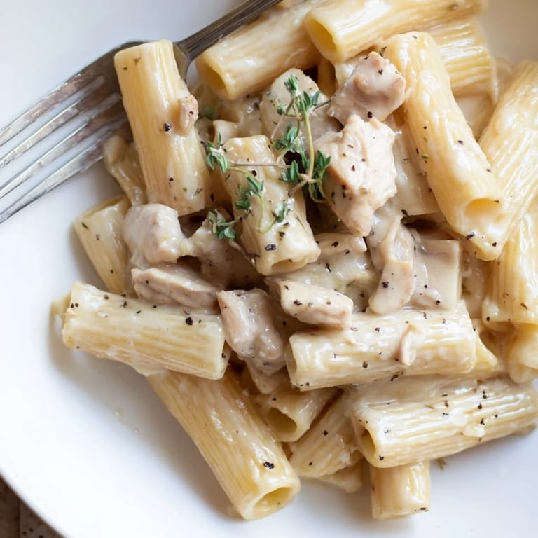 Indulgent Creamy Brie Chicken Rigatoni featuring tender chicken and rich, melting brie.  