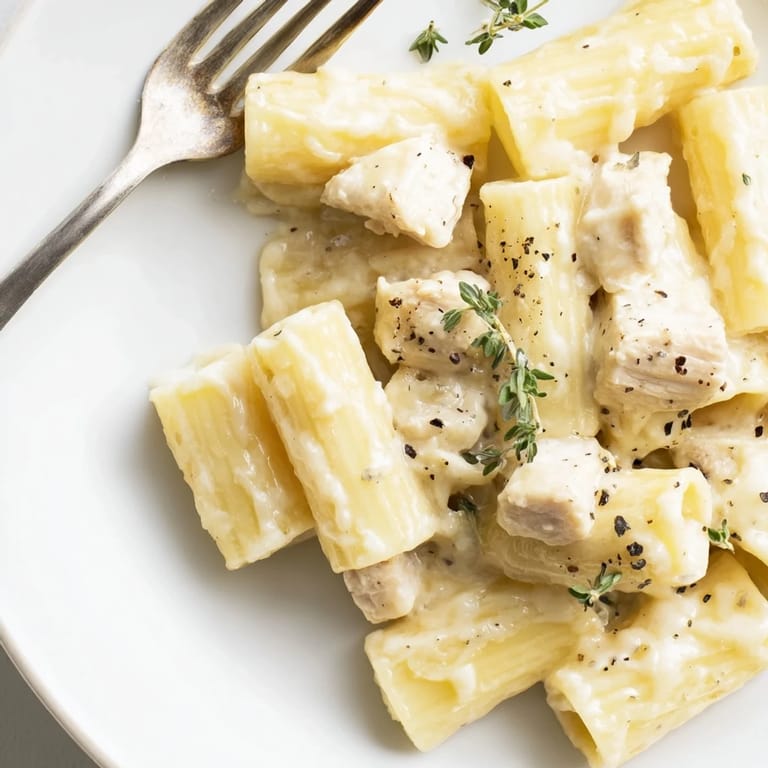Deliciously creamy Chicken Rigatoni with brie, thyme, and a comforting pasta finish.