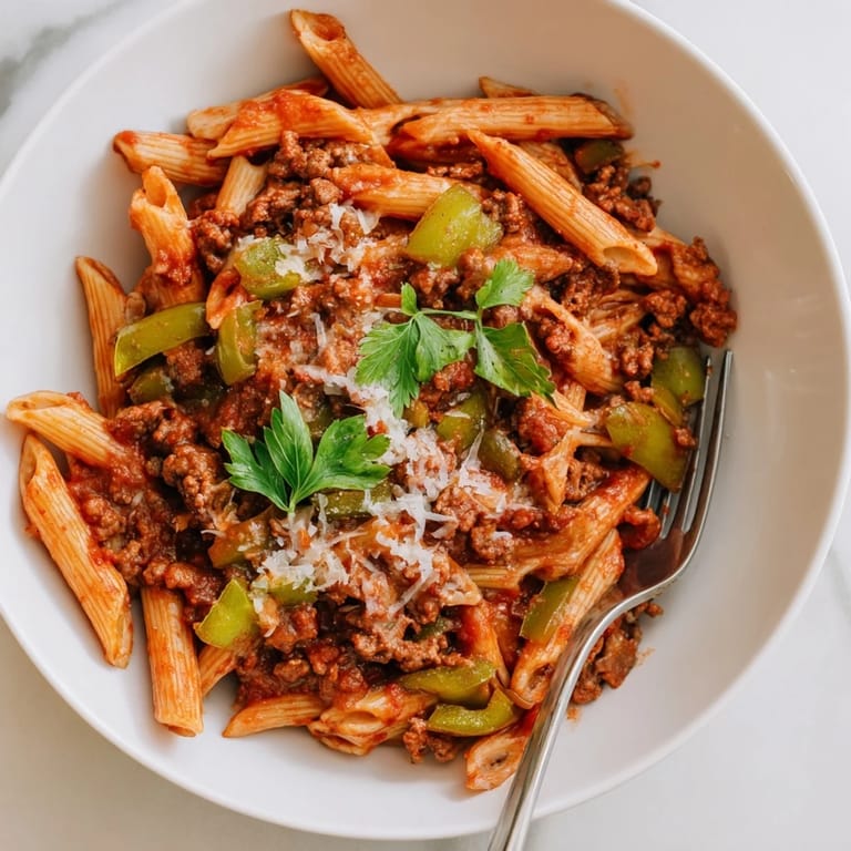 Hearty Green Pepper Beef Pasta, infused with rich tomato sauce and fresh flavors.