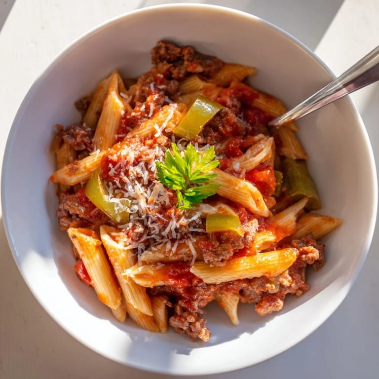 Deliciously comforting Green Pepper Beef Pasta, featuring tender penne and sautéed vegetables.  
