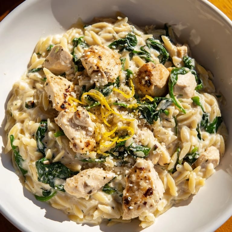 Delicious Feta & Spinach Chicken Orzo, a comforting Mediterranean dish in creamy sauce.