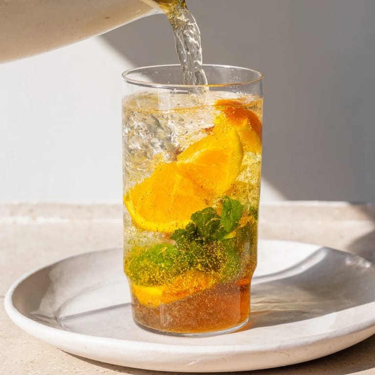 Zesty homemade probiotic soda mocktail served over ice with orange slices.