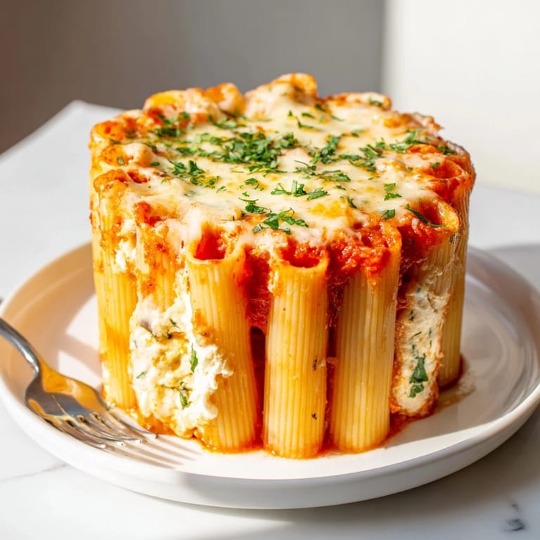Enjoy this Honeycomb Pasta Cake, elegantly plated with golden, bubbling cheese on top.