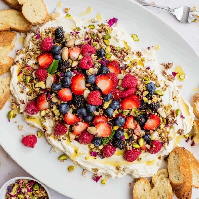 Whipped cream cheese Butter Board Dessert adorned with colorful fruits and chocolate shavings.