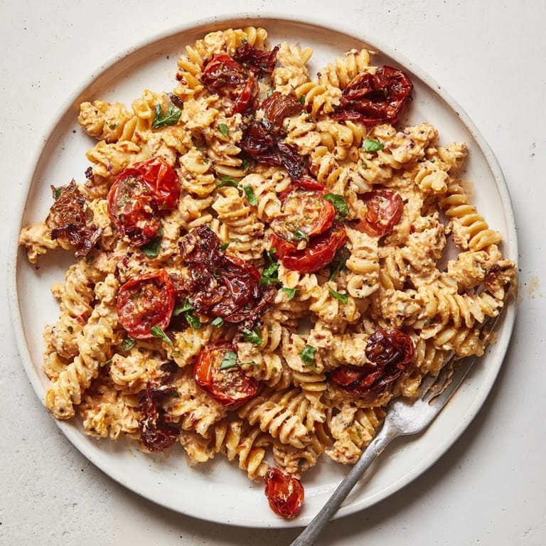 Baked feta pasta dish featuring sun-dried tomatoes and a drizzle of olive oil.