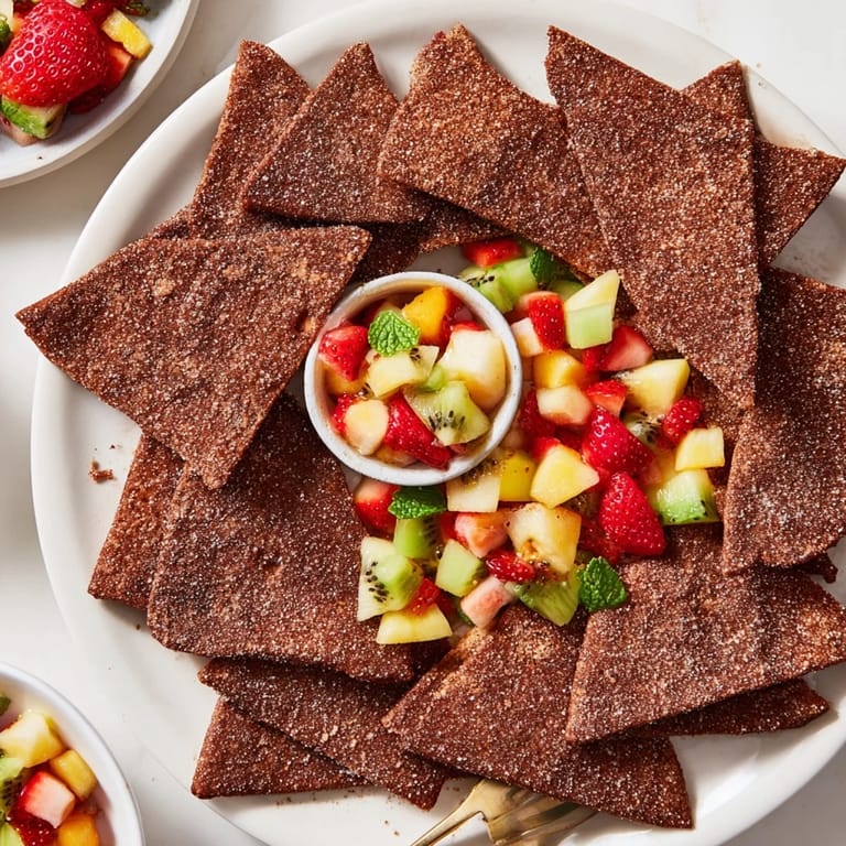 Homemade dessert chips and salsa, a playful twist on classic flavors and textures.