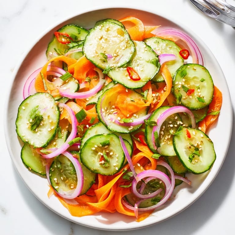 Freshly tossed cucumber salad remix with bright veggies and a zesty dressing.  