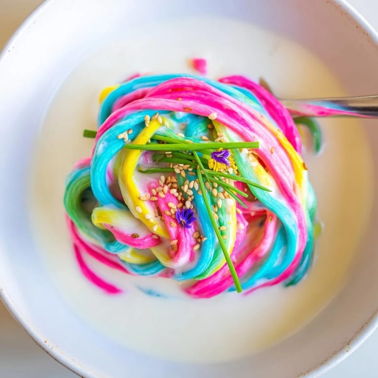 Brightly colored noodles in cloud-like creamy sauce for a whimsical dining experience.