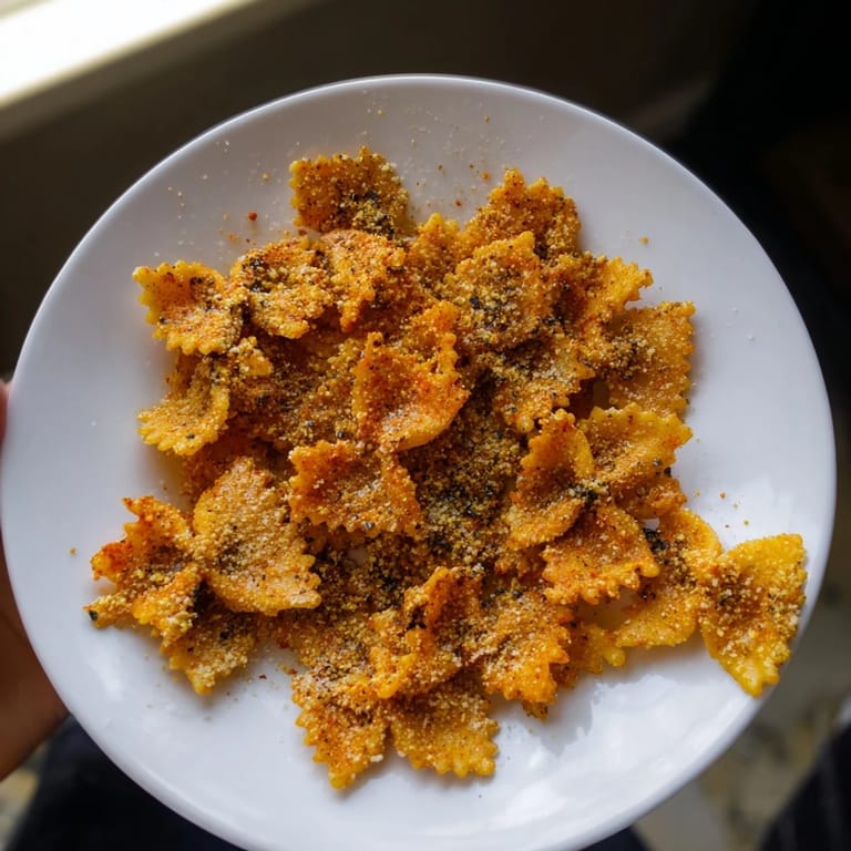 Flavorful seasoned pasta chips served with marinara sauce for tasty snacking.