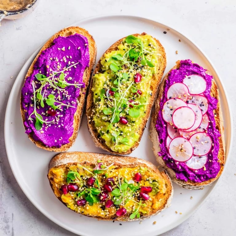 Colorful breakfast toasts featuring ube spread and avocado, perfect for a lively morning.