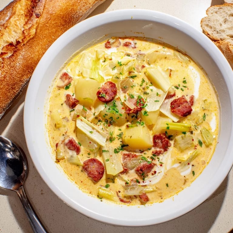 Creamy Potato, Leek & Chorizo Soup Bowl topped with fresh parsley for flavor.  
