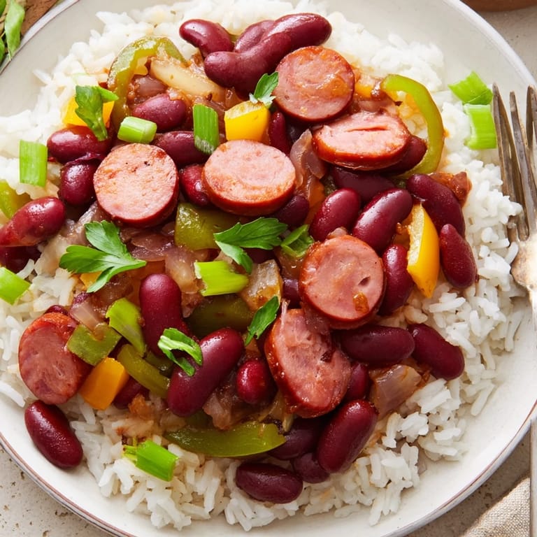 Comforting Red Beans & Rice featuring smoky sausage over fluffy white rice.  