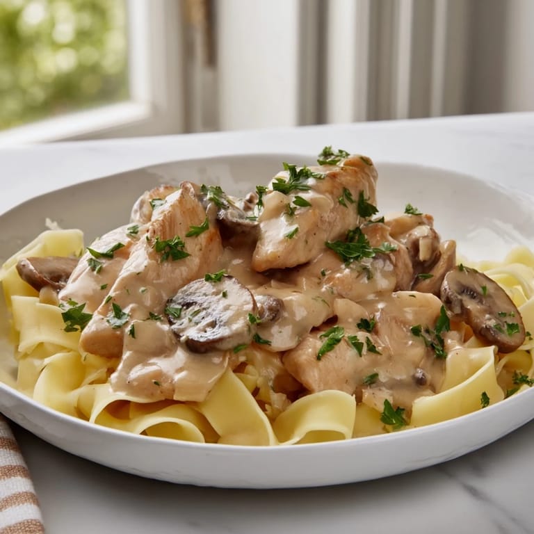 Golden chicken strips swimming in thick, creamy Creamy Chicken Stroganoff, ready to be served hot.