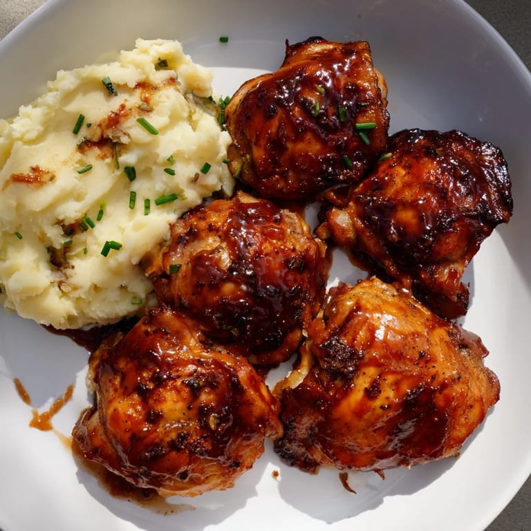 Tender honey BBQ chicken thighs, beautifully browned, with savory sauce, served with perfect mashed potatoes.